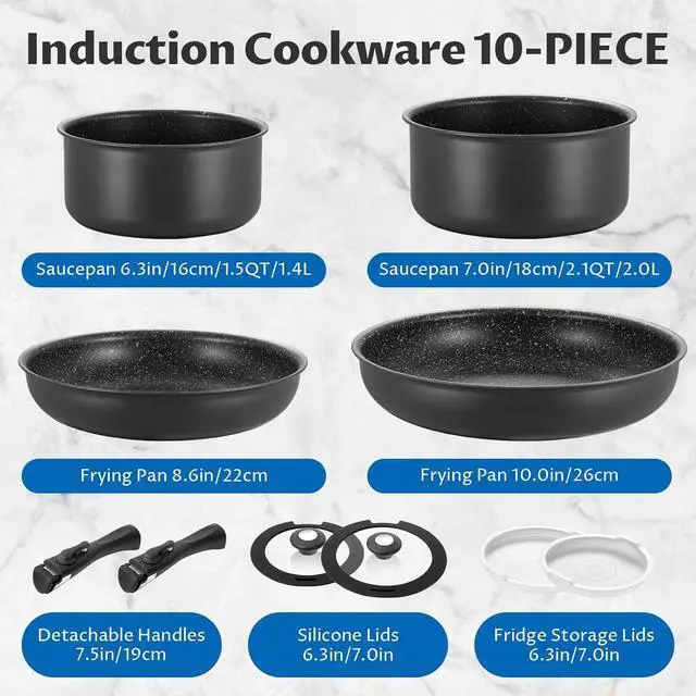 Alt view image 2 of 7 - BEZIA Induction Cookware Set 10 Pieces, Nonstick Pots and Pans Set with Removable Handles, for All Hobs, Stackable Design, Dishwasher/Oven Safe, PFAS Free