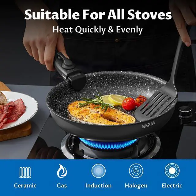Alt view image 5 of 7 - BEZIA Induction Cookware Set 10 Pieces, Nonstick Pots and Pans Set with Removable Handles, for All Hobs, Stackable Design, Dishwasher/Oven Safe, PFAS Free