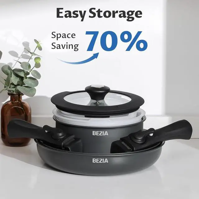 Alt view image 7 of 7 - BEZIA Induction Cookware Set 10 Pieces, Nonstick Pots and Pans Set with Removable Handles, for All Hobs, Stackable Design, Dishwasher/Oven Safe, PFAS Free