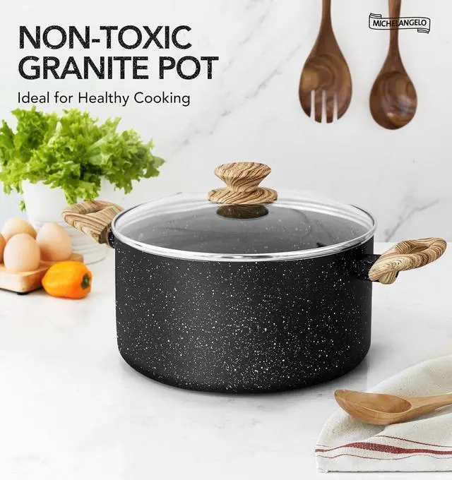 Alt view image 2 of 7 - MICHELANGELO Stock Pot with Lid, 5 Quart Cooking Pot Nonstick, Granite Soup Pots with Lid, Induction Pot with Stay-cool Handle, 5 Qt Stockpot Non Stick Pots Black