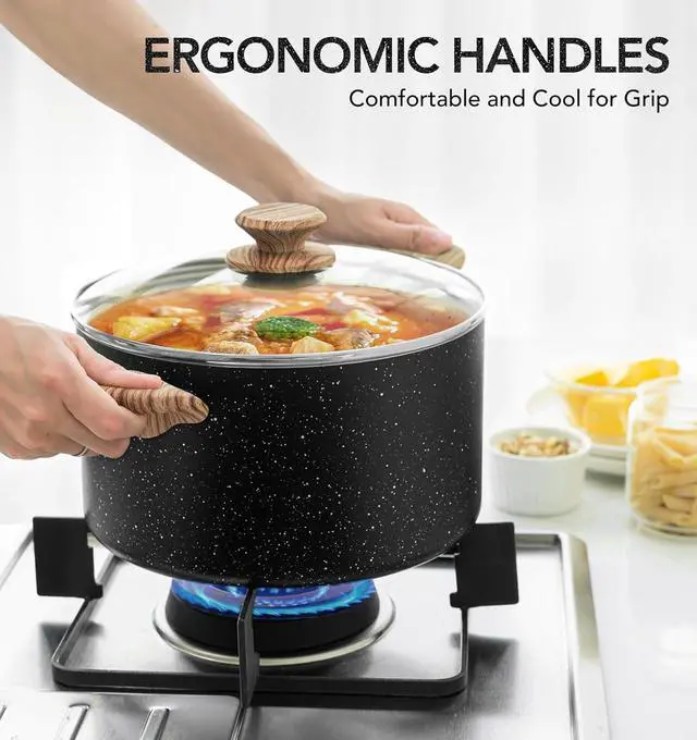 Alt view image 6 of 7 - MICHELANGELO Stock Pot with Lid, 5 Quart Cooking Pot Nonstick, Granite Soup Pots with Lid, Induction Pot with Stay-cool Handle, 5 Qt Stockpot Non Stick Pots Black