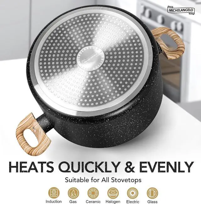 Alt view image 5 of 7 - MICHELANGELO Stock Pot with Lid, 5 Quart Cooking Pot Nonstick, Granite Soup Pots with Lid, Induction Pot with Stay-cool Handle, 5 Qt Stockpot Non Stick Pots Black