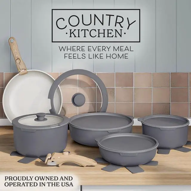 Alt view image 2 of 7 - Country Kitchen Cookware Set with Removable Handle, Oven & RV Safe Pots and Pans Set, Grey/Ivory Wood Handle, Original