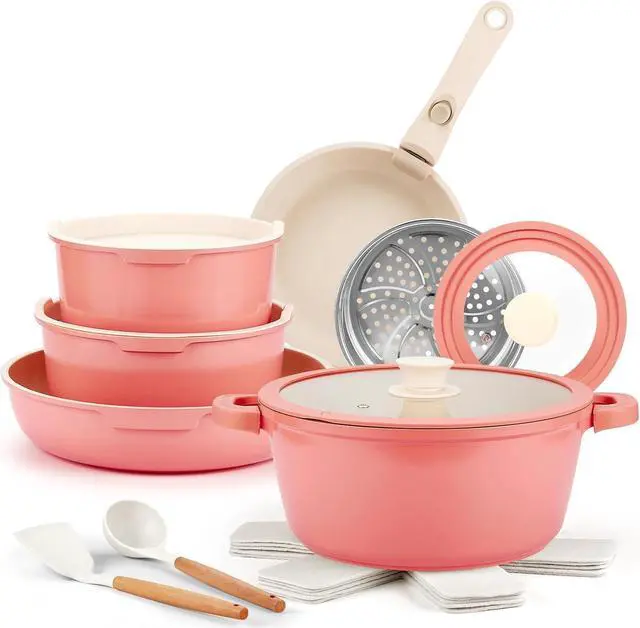 Main image of IKTU Ceramic Pots and Pans Set Non Stick Pink, 19 Pcs Nonstick Cookware Set with Detachable Handle RV Camping Induction Kitchen Cookware Set Non Stick, PFAS PFOA & PTFE Free