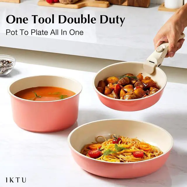 Alt view image 5 of 6 - IKTU Ceramic Pots and Pans Set Non Stick Pink, 19 Pcs Nonstick Cookware Set with Detachable Handle RV Camping Induction Kitchen Cookware Set Non Stick, PFAS PFOA & PTFE Free