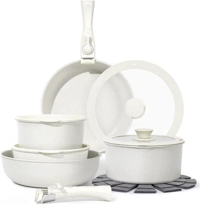Main image of 15Pcs Pots and Pans Set Non Stick, Cookware Sets with Detachable Handle, Nonstick RV Kitchen Cooking Tools Removable Handles, Oven Safe, Induction Fast, Stackable Induction Cookware, White