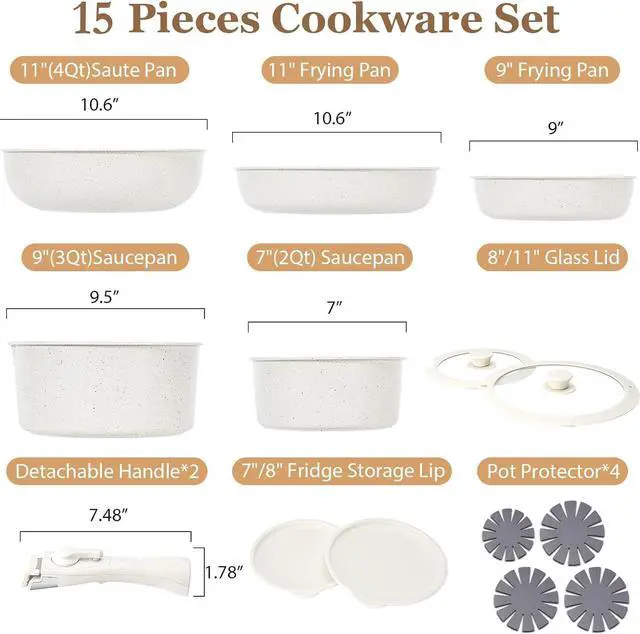 Alt view image 2 of 7 - 15Pcs Pots and Pans Set Non Stick, Cookware Sets with Detachable Handle, Nonstick RV Kitchen Cooking Tools Removable Handles, Oven Safe, Induction Fast, Stackable Induction Cookware, White