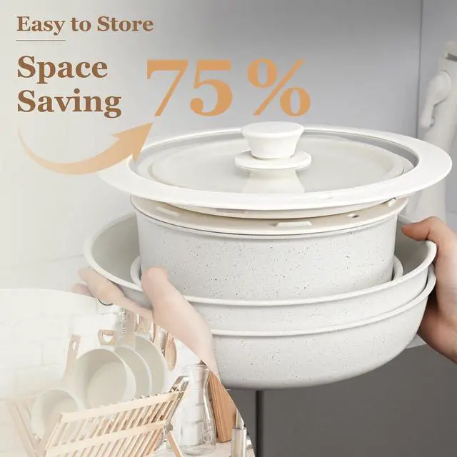 Alt view image 3 of 7 - 15Pcs Pots and Pans Set Non Stick, Cookware Sets with Detachable Handle, Nonstick RV Kitchen Cooking Tools Removable Handles, Oven Safe, Induction Fast, Stackable Induction Cookware, White