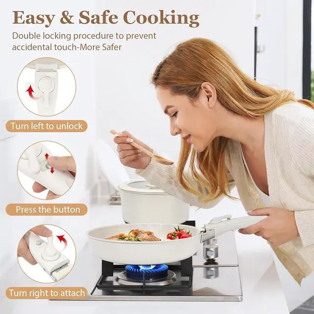 Alt view image 7 of 7 - 15Pcs Pots and Pans Set Non Stick, Cookware Sets with Detachable Handle, Nonstick RV Kitchen Cooking Tools Removable Handles, Oven Safe, Induction Fast, Stackable Induction Cookware, White