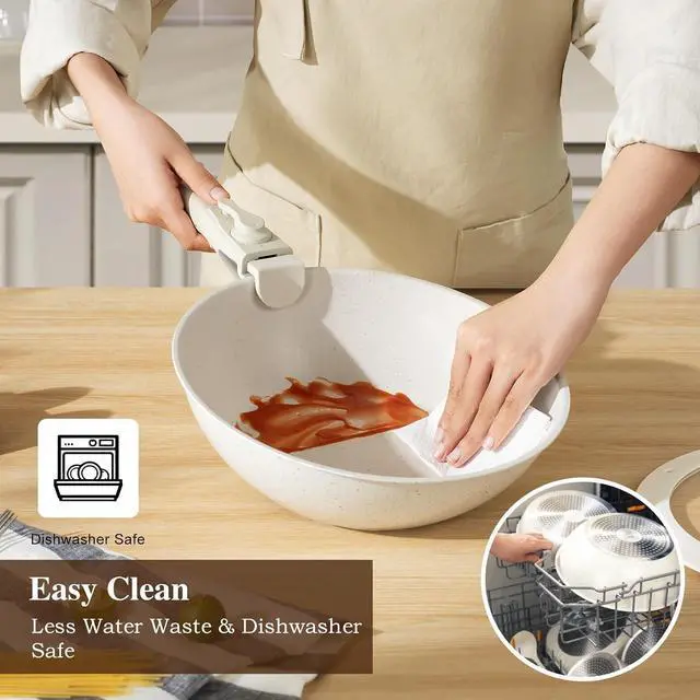 Alt view image 6 of 7 - 20 Pcs Pots and Pans Set Non Stick, Ceramic Cookware Set Detachable Handle, RV Kitchen Cooking Set Removeable Handles, Oven Safe, Induction Ready, Stackable Non-stick, Cream White