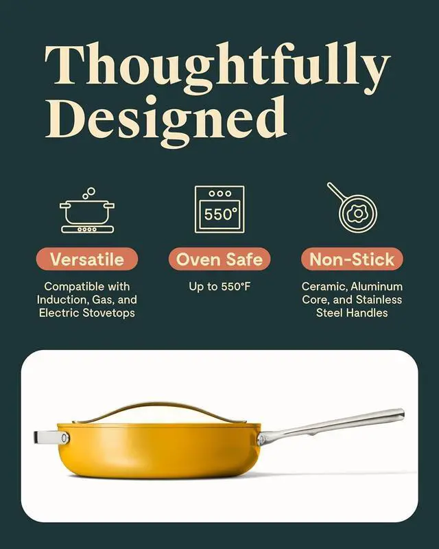 Alt view image 3 of 7 - Caraway Nonstick Ceramic Sauté Pan with Lid (4.5 qt, 11.8") - Non Toxic, PTFE & PFOA Free - Oven Safe & Compatible with All Stovetops (Gas, Electric & Induction) - Marigold
