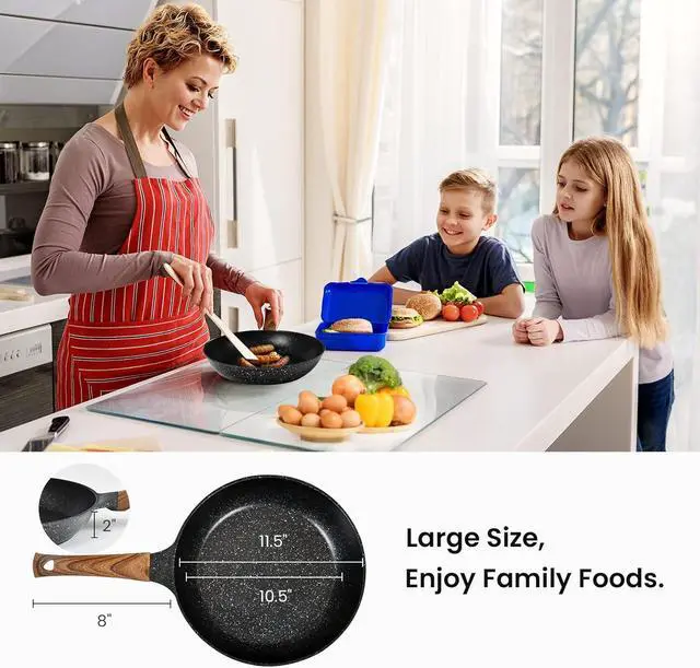 Alt view image 6 of 7 - Nonstick Frying Pans Set with Lid, 10 In 11.5 In Aluminum Granite Coating Chef's Pan, Non Stick Flat Skillet Set with Glass Cover, Cookware Set Suitable for Gas Stove, Induction Glass Top