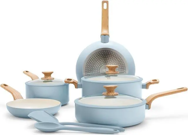 Main image of GreenPan Rio Essence Wood 10 Piece Cookware Pots and Pans Set, Healthy Ceramic Nonstick, PFOA & PFAS-Free Coating, Induction, Silicone Rim Lids, Stay-Cool Wood Print Handles, Dishwasher Safe, Blue