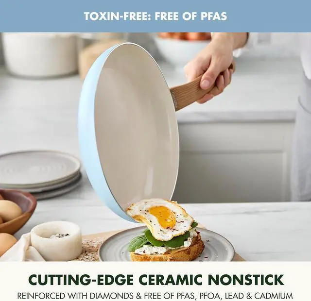 Alt view image 2 of 7 - GreenPan Rio Essence Wood 10 Piece Cookware Pots and Pans Set, Healthy Ceramic Nonstick, PFOA & PFAS-Free Coating, Induction, Silicone Rim Lids, Stay-Cool Wood Print Handles, Dishwasher Safe, Blue