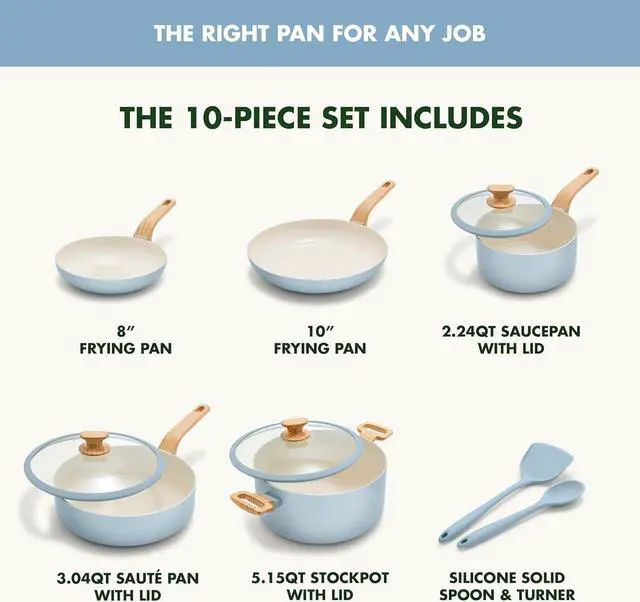 Alt view image 3 of 7 - GreenPan Rio Essence Wood 10 Piece Cookware Pots and Pans Set, Healthy Ceramic Nonstick, PFOA & PFAS-Free Coating, Induction, Silicone Rim Lids, Stay-Cool Wood Print Handles, Dishwasher Safe, Blue