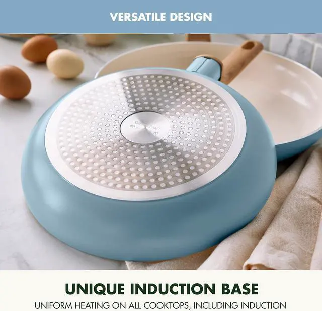 Alt view image 5 of 7 - GreenPan Rio Essence Wood 10 Piece Cookware Pots and Pans Set, Healthy Ceramic Nonstick, PFOA & PFAS-Free Coating, Induction, Silicone Rim Lids, Stay-Cool Wood Print Handles, Dishwasher Safe, Blue