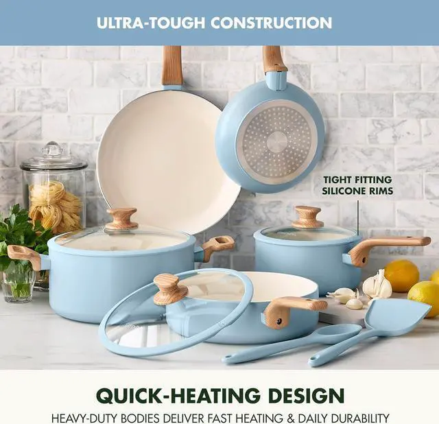 Alt view image 6 of 7 - GreenPan Rio Essence Wood 10 Piece Cookware Pots and Pans Set, Healthy Ceramic Nonstick, PFOA & PFAS-Free Coating, Induction, Silicone Rim Lids, Stay-Cool Wood Print Handles, Dishwasher Safe, Blue