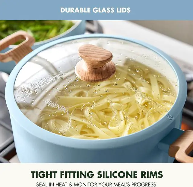 Alt view image 7 of 7 - GreenPan Rio Essence Wood 10 Piece Cookware Pots and Pans Set, Healthy Ceramic Nonstick, PFOA & PFAS-Free Coating, Induction, Silicone Rim Lids, Stay-Cool Wood Print Handles, Dishwasher Safe, Blue