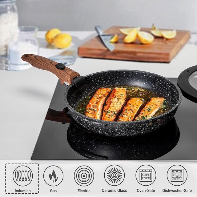 Alt view image 3 of 7 - Kitchen Academy Detachable Handle Induction Cookware Sets - 10 Piece Non-stick Cooking Pots and Pans, Black Granite Stackable RV Cookware for Camp