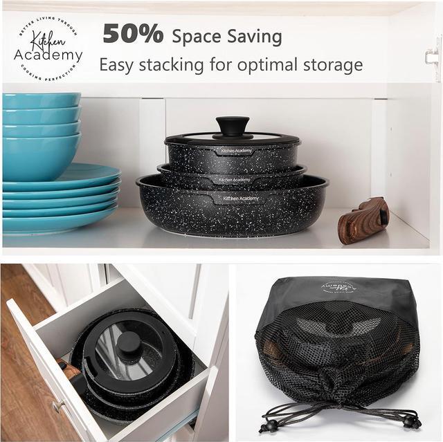 Alt view image 4 of 7 - Kitchen Academy Detachable Handle Induction Cookware Sets - 10 Piece Non-stick Cooking Pots and Pans, Black Granite Stackable RV Cookware for Camp