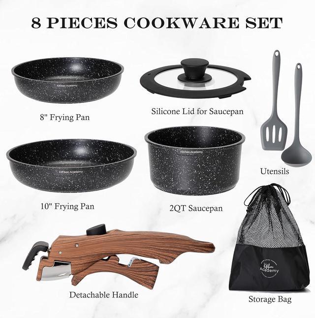 Alt view image 7 of 7 - Kitchen Academy Detachable Handle Induction Cookware Sets - 10 Piece Non-stick Cooking Pots and Pans, Black Granite Stackable RV Cookware for Camp