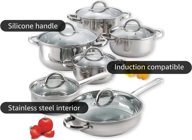 Alt view image 5 of 7 - Cook N Home Kitchen Cookware Sets, 12-Piece Basic Stainless Steel Pots and Pans, Silver