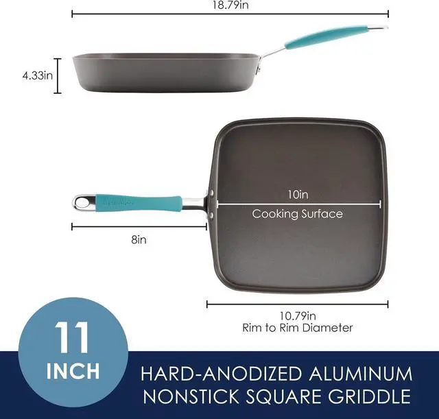 Alt view image 2 of 7 - Rachael Ray Cucina Hard Anodized Nonstick Griddle Pan/Flat Grill, 11 Inch, Gray with Agave Blue Handle