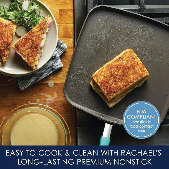 Alt view image 3 of 7 - Rachael Ray Cucina Hard Anodized Nonstick Griddle Pan/Flat Grill, 11 Inch, Gray with Agave Blue Handle