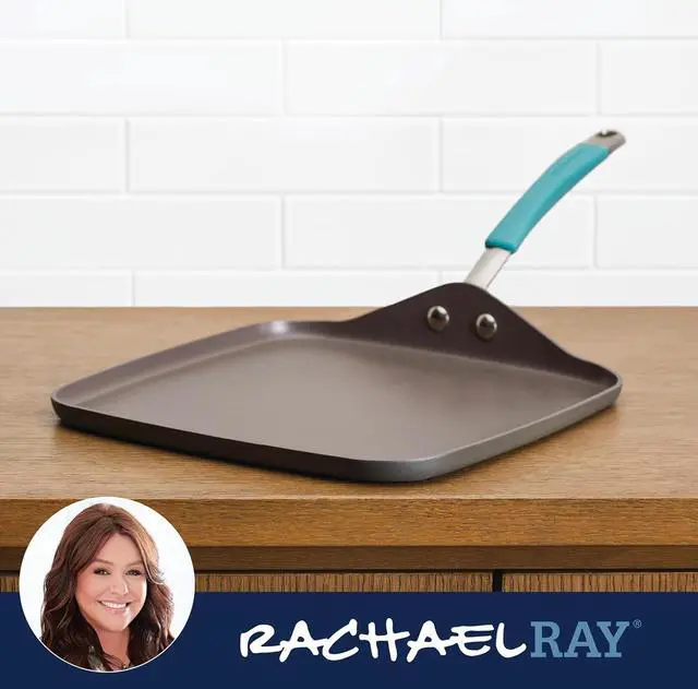 Alt view image 7 of 7 - Rachael Ray Cucina Hard Anodized Nonstick Griddle Pan/Flat Grill, 11 Inch, Gray with Agave Blue Handle