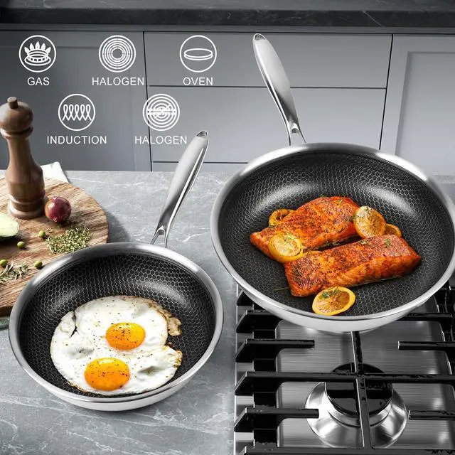 Alt view image 4 of 7 - Tri-Ply Stainless Steel Frying Pan Set with Lid,8 Inch,9.5 Inch and 11 Inch Nonstick Honeycomb Stainless Steel Cooking Pan Set of 3Skillet Works Pan for Cooking with Induction Gas Stovetops