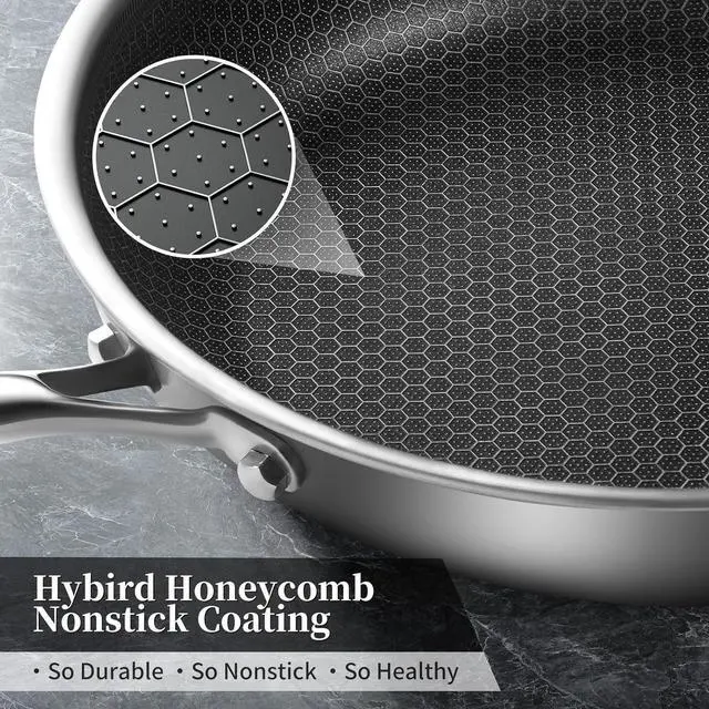 Alt view image 6 of 7 - Tri-Ply Stainless Steel Frying Pan Set with Lid,8 Inch,9.5 Inch and 11 Inch Nonstick Honeycomb Stainless Steel Cooking Pan Set of 3Skillet Works Pan for Cooking with Induction Gas Stovetops