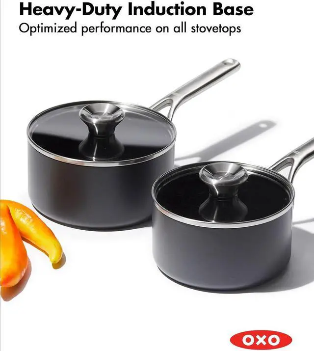 Alt view image 3 of 7 - OXO Professional 1.7QT and 2.3QT Saucepan Pot Set with Lids Hard Anodized Ceramic Nonstick Cookware PFAS-Free Induction Suitable Stainless Steel Diamond Reinforced Coating Dishwasher/ Oven Safe Black