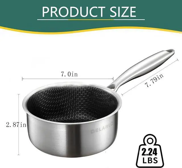 Alt view image 3 of 6 - DELARLO Tri-Ply Hybrid Stainless Steel Sauce Pan, Hybird 1.5QT Non Stick Pots, All Stove Safe Up to 600, Sauce Pot 1.5 Quart Non Stick Sauce Pan, Saucier Pan, Honeycomb Pan,Small Saucepan, Lids 300
