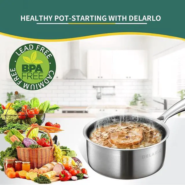 Alt view image 5 of 6 - DELARLO Tri-Ply Hybrid Stainless Steel Sauce Pan, Hybird 1.5QT Non Stick Pots, All Stove Safe Up to 600, Sauce Pot 1.5 Quart Non Stick Sauce Pan, Saucier Pan, Honeycomb Pan,Small Saucepan, Lids 300