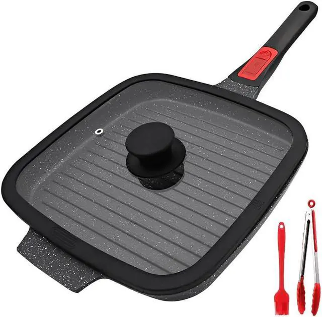 Main image of RANXINGST Griddle Pan with Lid, 10 Inch Cast Aluminium Non Stick Steak Pan with Detachable Handle for Induction Hob, Black