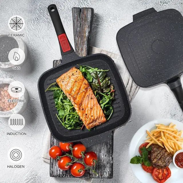 Alt view image 5 of 6 - RANXINGST Griddle Pan with Lid, 10 Inch Cast Aluminium Non Stick Steak Pan with Detachable Handle for Induction Hob, Black
