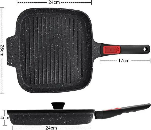 Alt view image 6 of 6 - RANXINGST Griddle Pan with Lid, 10 Inch Cast Aluminium Non Stick Steak Pan with Detachable Handle for Induction Hob, Black