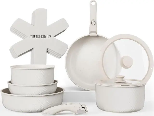 Main image of Country Kitchen Cookware Set with Removable Handle, Oven & RV Safe Pots and Pans Set, Cream Rhombus, Original