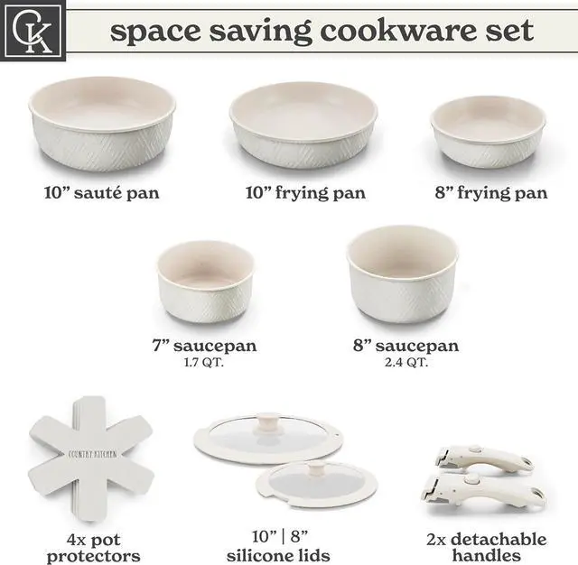 Alt view image 3 of 7 - Country Kitchen Cookware Set with Removable Handle, Oven & RV Safe Pots and Pans Set, Cream Rhombus, Original
