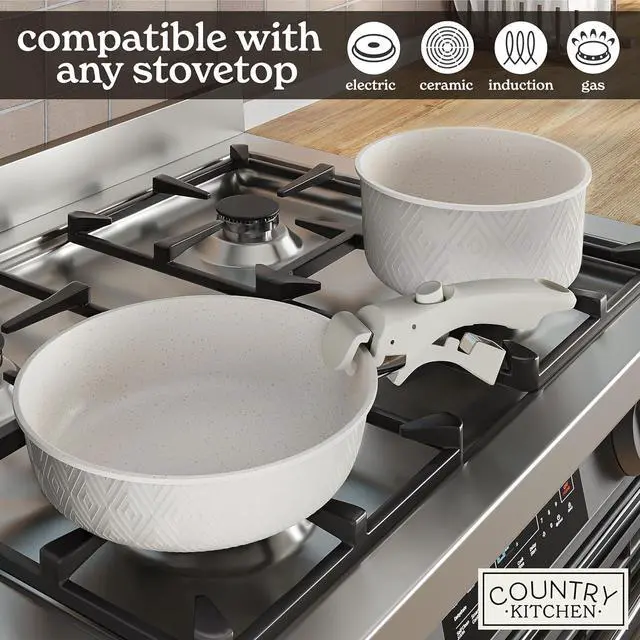Alt view image 6 of 7 - Country Kitchen Cookware Set with Removable Handle, Oven & RV Safe Pots and Pans Set, Cream Rhombus, Original