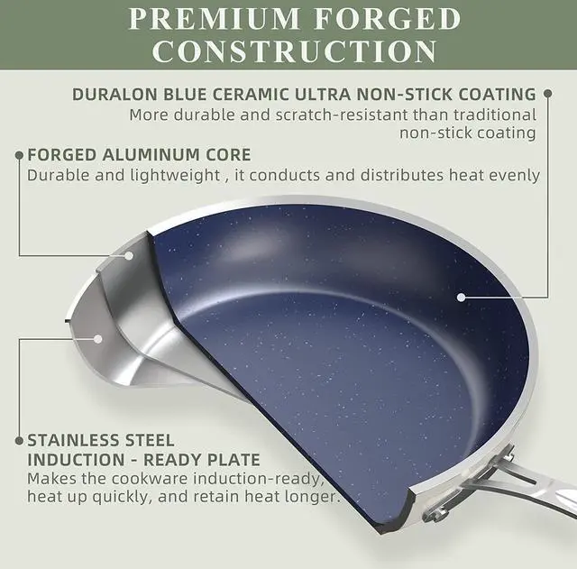 Alt view image 3 of 7 - Nuwave 7pc Cookware Set Healthy Duralon Blue Ceramic Nonstick Coated, Diamond Infused Scratch-Resistant, PFAS Free, Oven Safe, Induction Ready & Evenly Heats, Tempered Glass Lids & Stay-Cool Handle