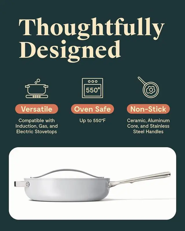 Alt view image 3 of 7 - Caraway Nonstick Ceramic Sauté Pan with Lid (4.5 qt, 11.8") - Non Toxic, PTFE & PFOA Free - Oven Safe & Compatible with All Stovetops (Gas, Electric & Induction) - Gray