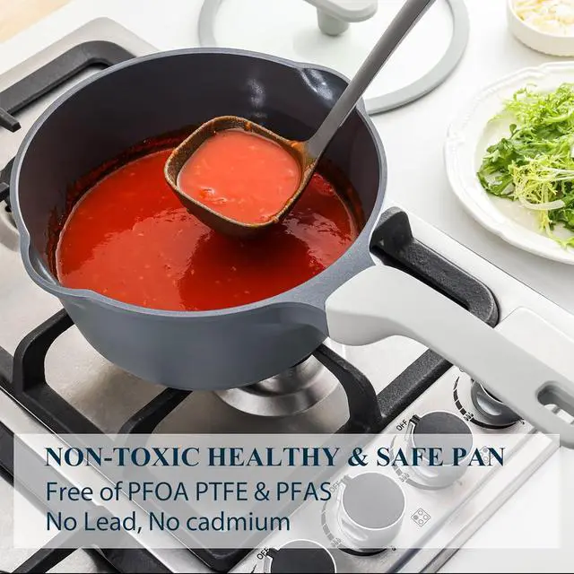 Alt view image 4 of 6 - Nonstick Saucepan with Lid, 2 Quart Ceramic Sauce Pan, Non Toxic Sauce Pot with Pour Spouts for Multipurpose Use, PTFE, PFOA & PFAS Free, Induction Compatible.