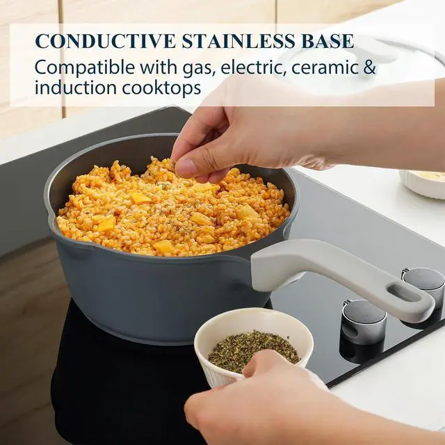 Alt view image 5 of 6 - Nonstick Saucepan with Lid, 2 Quart Ceramic Sauce Pan, Non Toxic Sauce Pot with Pour Spouts for Multipurpose Use, PTFE, PFOA & PFAS Free, Induction Compatible.