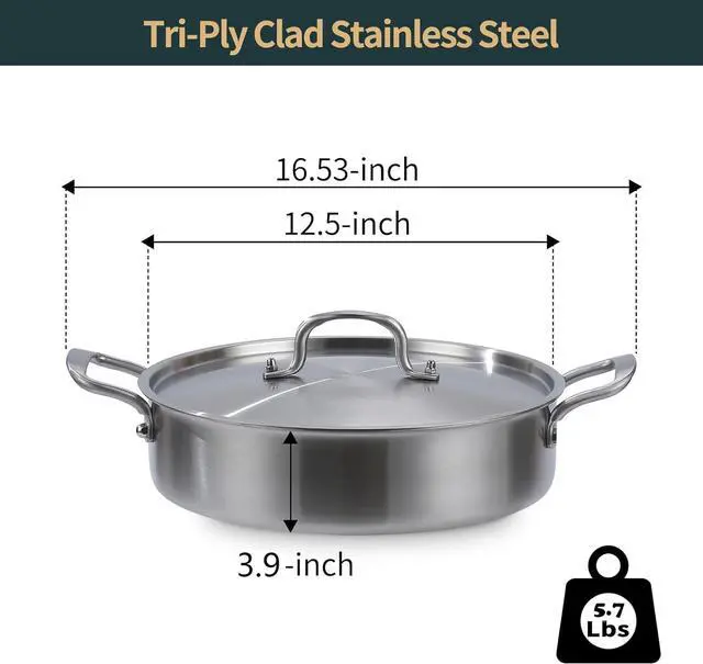 Alt view image 3 of 7 - Nonstick Frying Pan Skillet with Lid, 7 Quart Stainless Steel Saute Pan, 12inch Deep Frying Pan with Lid, Fast even Heat Cookware, Rondeau Pot with Lid Compatible with All Cooktops Up to 600