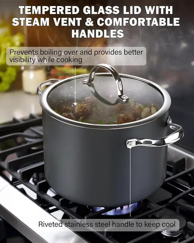 Alt view image 4 of 7 - Cooks Standard Stockpot Dutch Oven Casserole with Glass Lid, 8-Quart Classic Hard Anodized Nonstick Soup Pot, Black