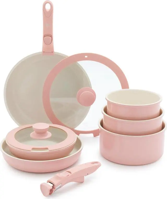 Main image of GreenLife Click 10-Piece Ceramic Nonstick Cookware Set, Detachable Handle, Stackable Space Saving Kitchen Essential, Non Toxic PFAS-Free Pots & Pans, Induction & Oven Safe, Glass Lid, Light Pink
