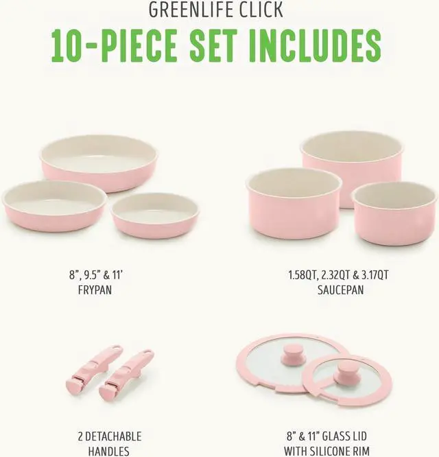 Alt view image 3 of 7 - GreenLife Click 10-Piece Ceramic Nonstick Cookware Set, Detachable Handle, Stackable Space Saving Kitchen Essential, Non Toxic PFAS-Free Pots & Pans, Induction & Oven Safe, Glass Lid, Light Pink