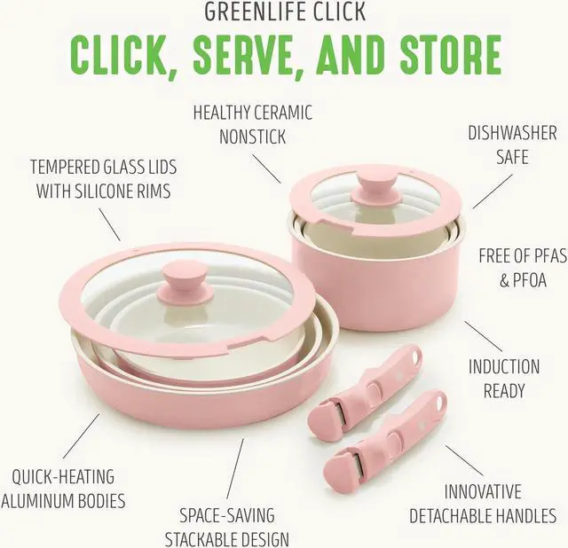 Alt view image 4 of 7 - GreenLife Click 10-Piece Ceramic Nonstick Cookware Set, Detachable Handle, Stackable Space Saving Kitchen Essential, Non Toxic PFAS-Free Pots & Pans, Induction & Oven Safe, Glass Lid, Light Pink