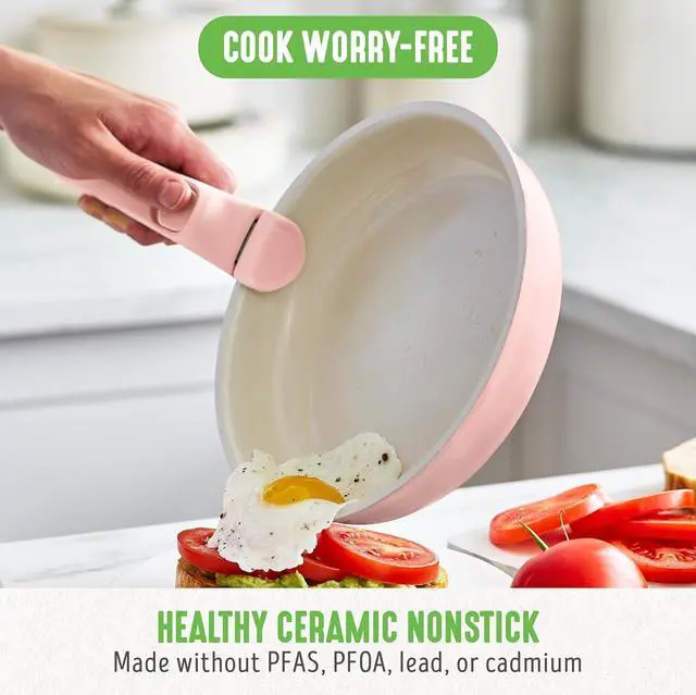 Alt view image 2 of 7 - GreenLife Click 10-Piece Ceramic Nonstick Cookware Set, Detachable Handle, Stackable Space Saving Kitchen Essential, Non Toxic PFAS-Free Pots & Pans, Induction & Oven Safe, Glass Lid, Light Pink